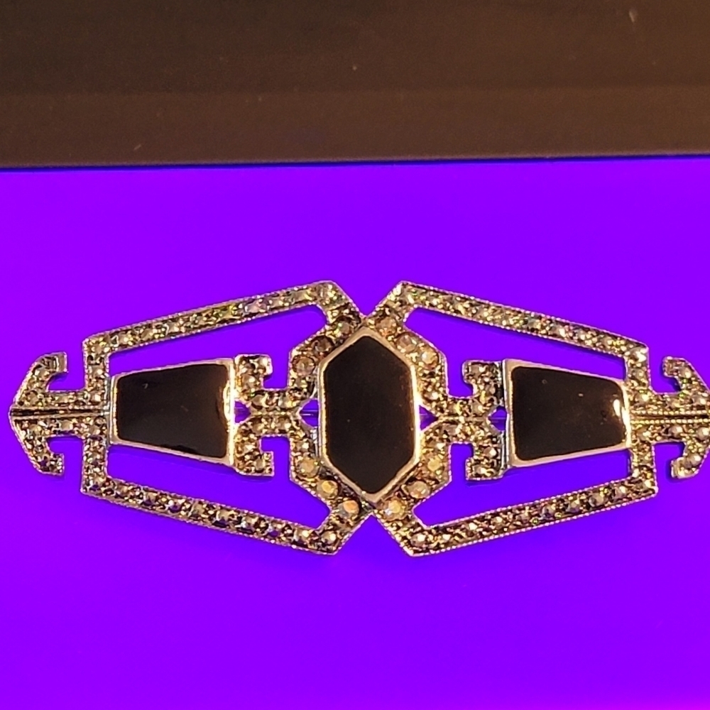 Vintage Retro Marcasite and black enamel Art Deco Style Brooch - Picture 5 of 7